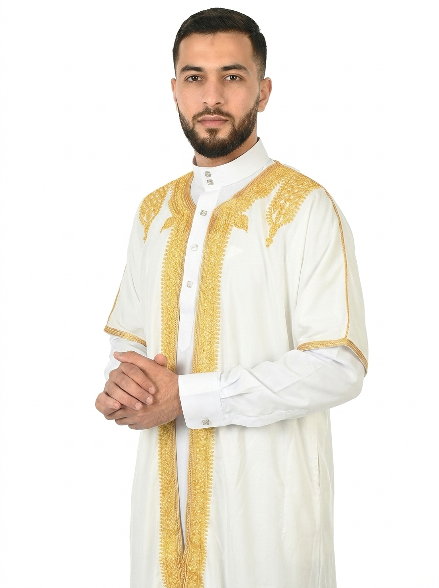 White Alyssum Moroccan Thobe Kaftan with Gold Trim