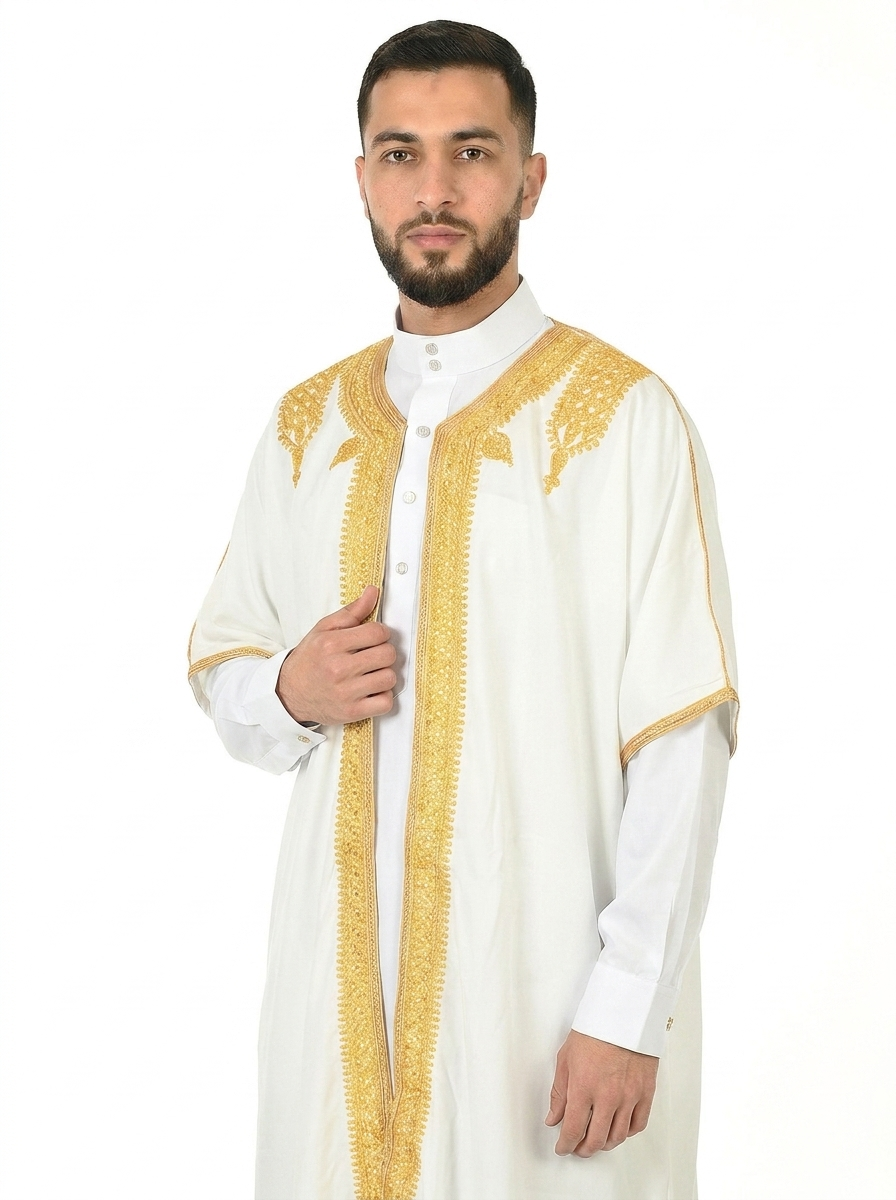 White Alyssum Moroccan Thobe Kaftan with Gold Trim