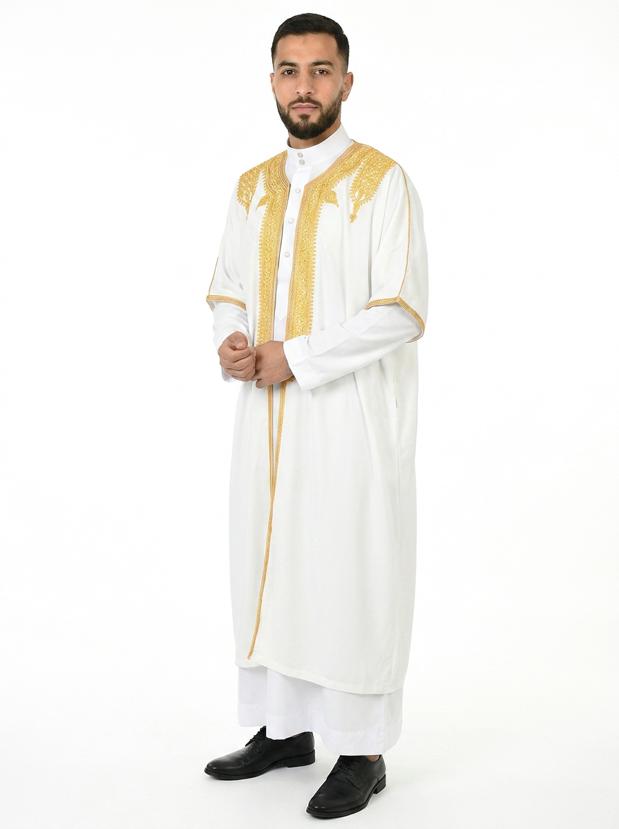 White Alyssum Moroccan Thobe Kaftan with Gold Trim