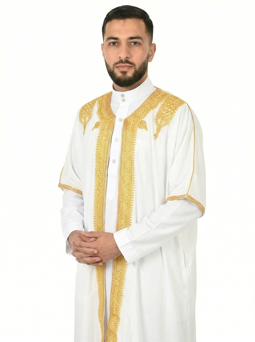 White Alyssum Moroccan Thobe Kaftan with Gold Trim