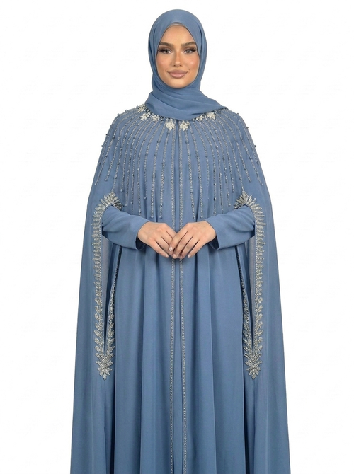 Dark Blue Waterfall Beaded Two-Piece Cloak Abaya