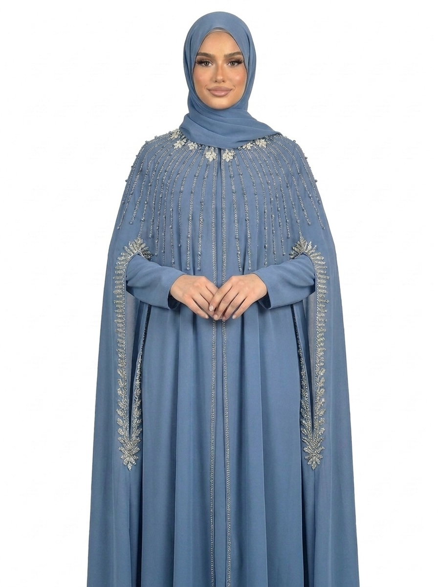 Dark Blue Waterfall Beaded Two-Piece Cloak Abaya
