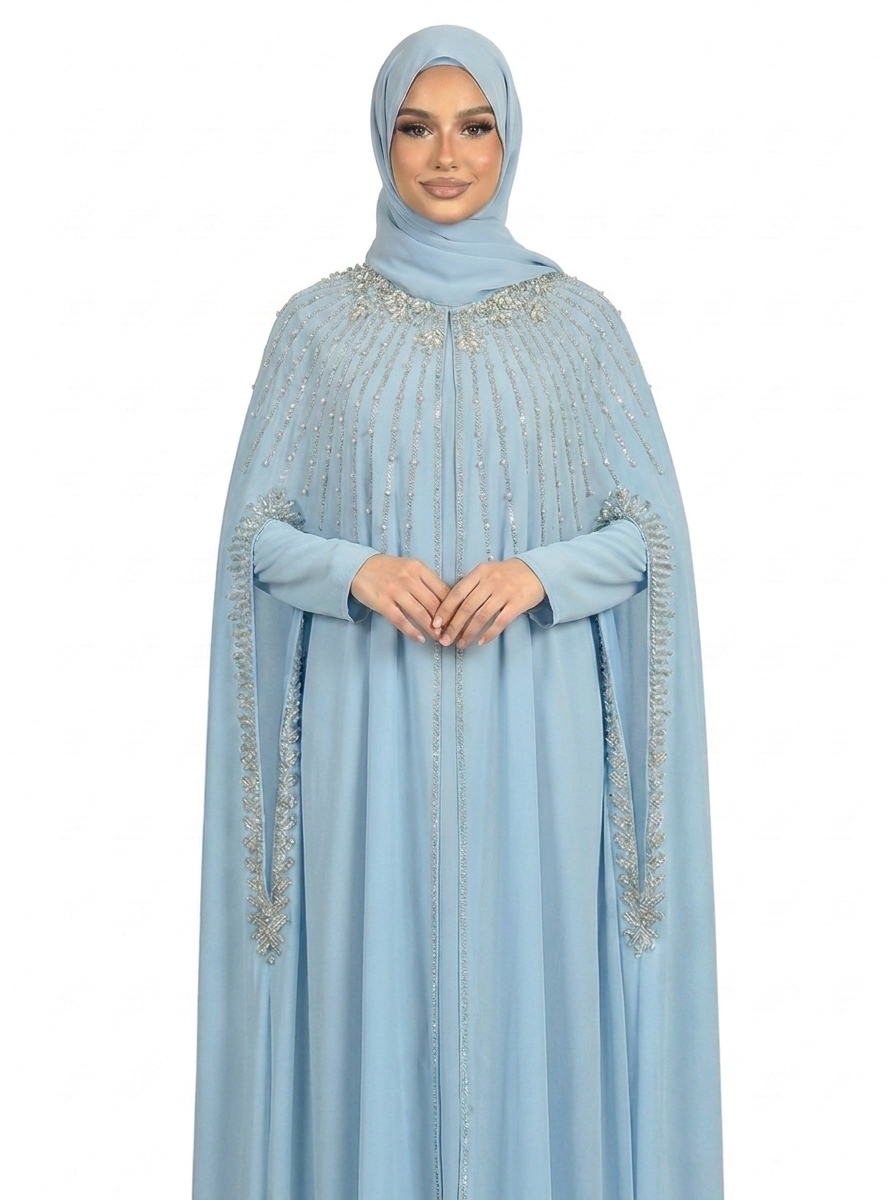 Air blue Waterfall Beaded Two-Piece Cloak Abaya