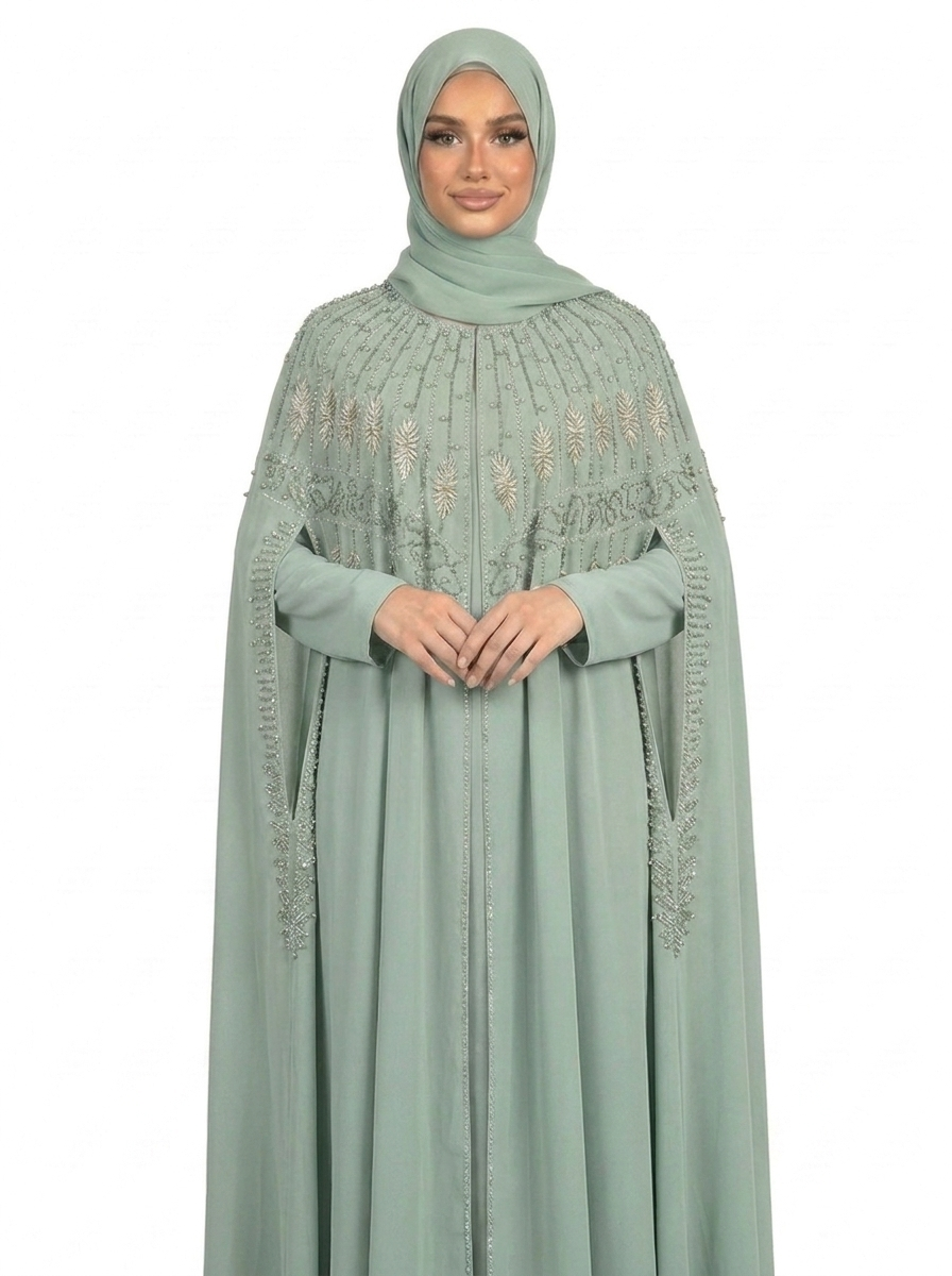Artic Celeste Beaded Two-Piece Cloak Abaya Set