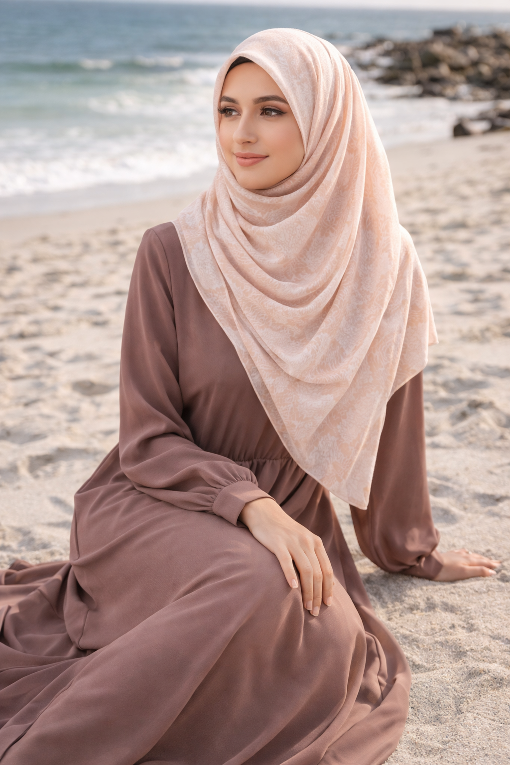 Beige Chiffon Rectangular Headscarf with Brown Snakeskin Print