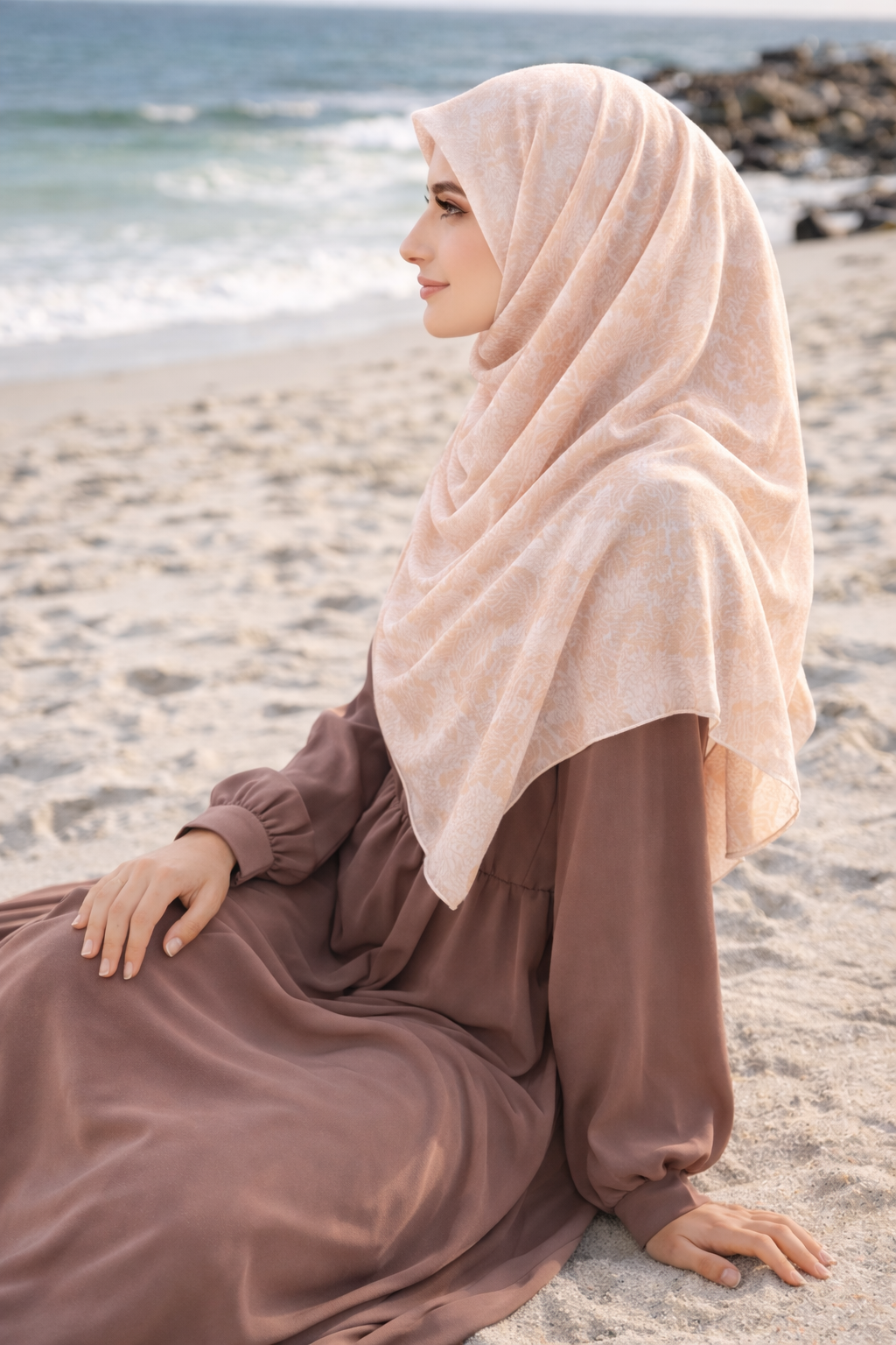 Beige Chiffon Rectangular Headscarf with Brown Snakeskin Print