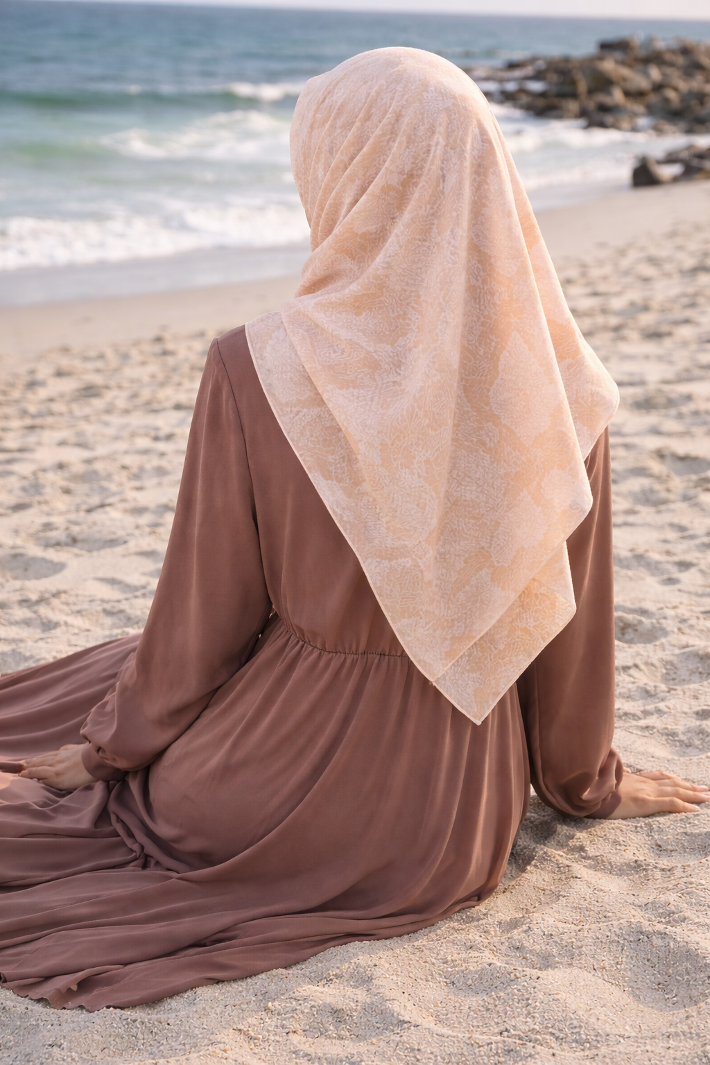 Beige Chiffon Rectangular Headscarf with Brown Snakeskin Print