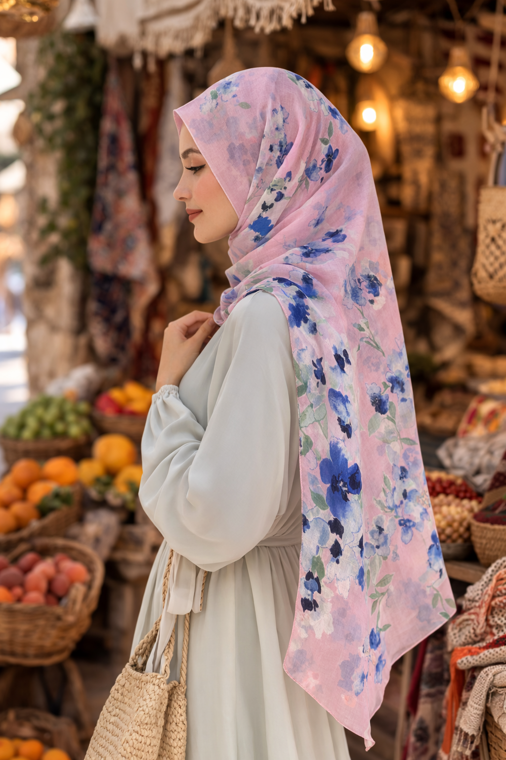Lavender Mist Chiffon Floral Scarf with Vintage Blue Flowers for Everyday Wear