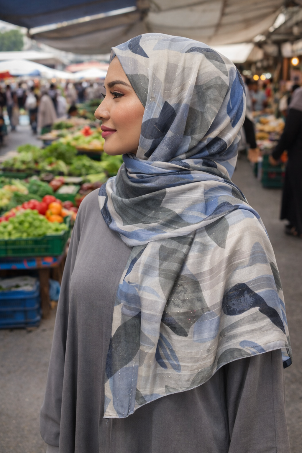 Moon Mist Blue and Grey Printed Chiffon Scarf for Modest Fashion