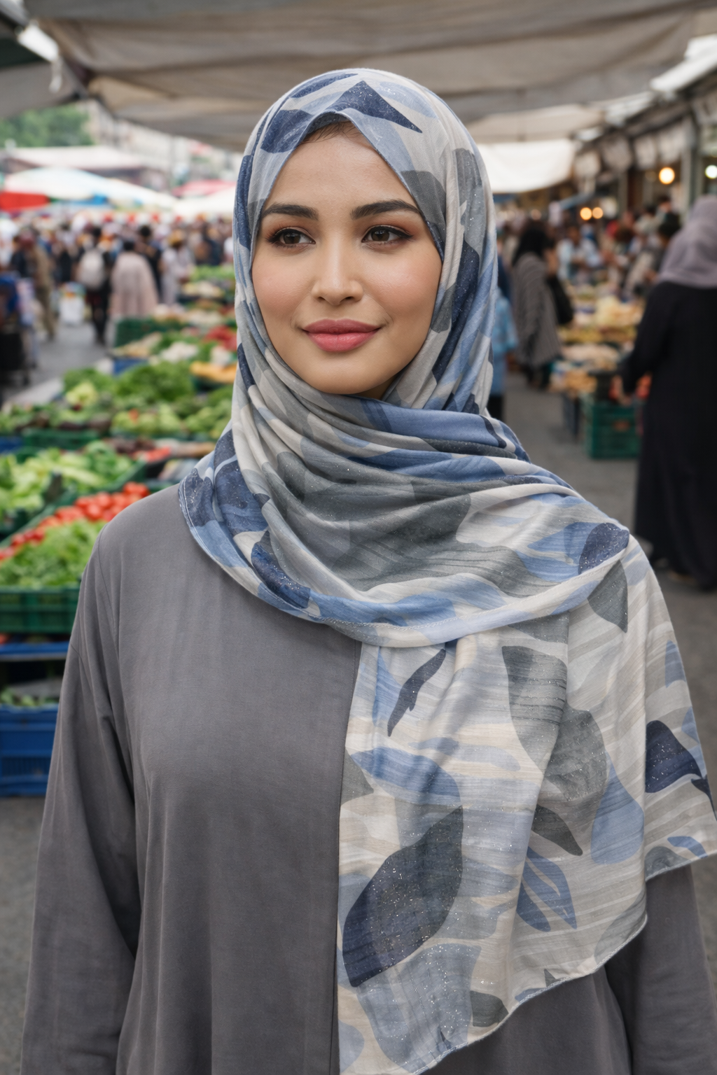 Moon Mist Blue and Grey Printed Chiffon Scarf for Modest Fashion