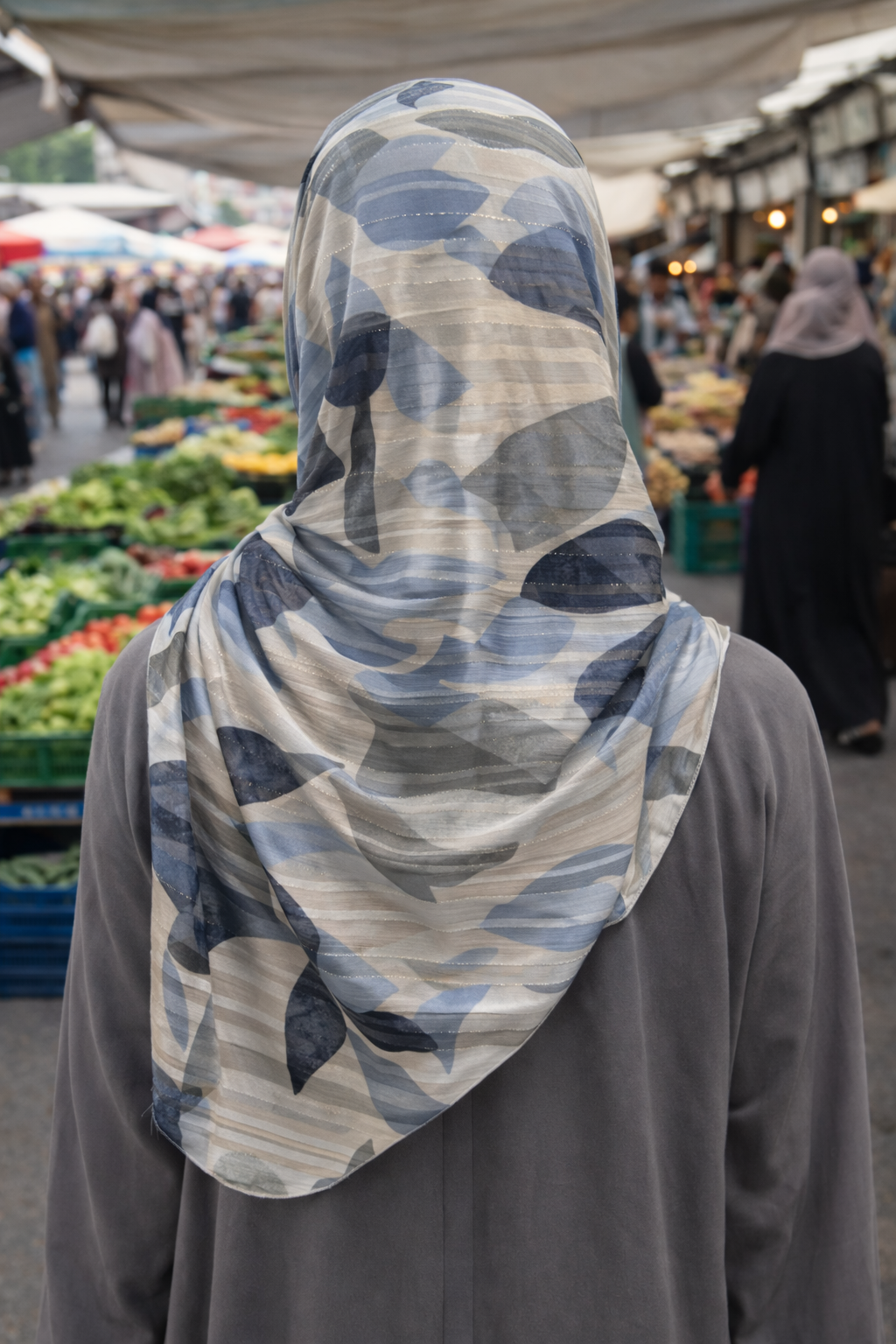 Moon Mist Blue and Grey Printed Chiffon Scarf for Modest Fashion