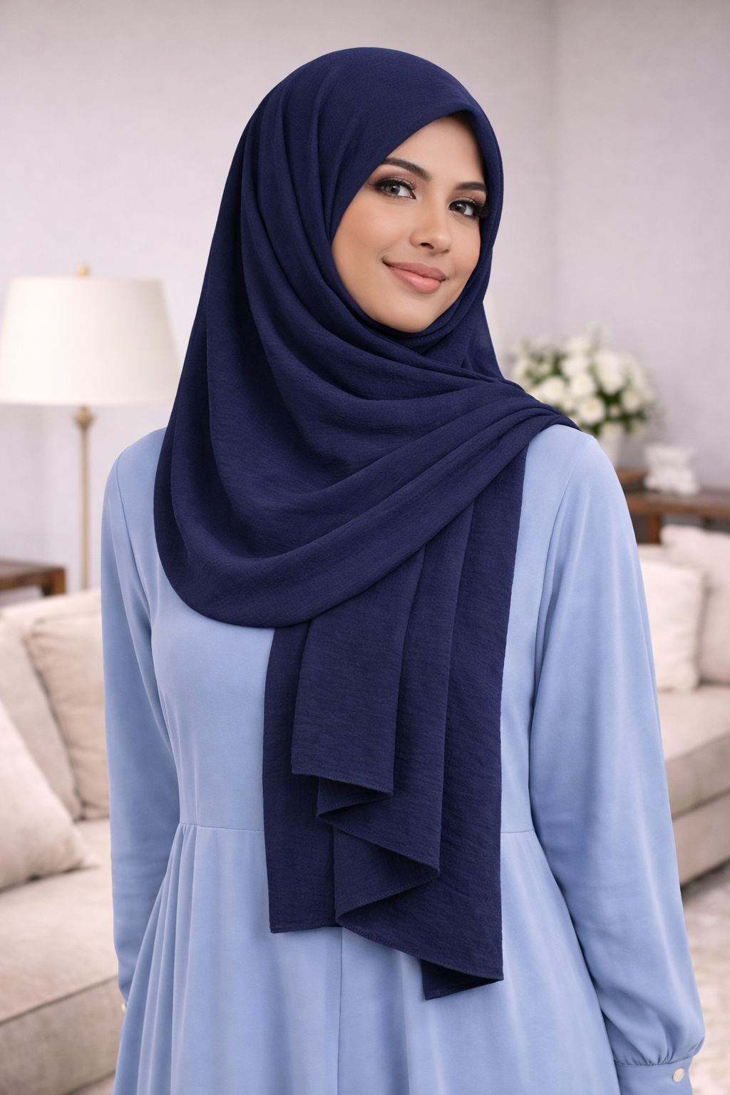 Navy Blazer Soft airflow fabric scarf with a subtle crinkle texture, perfect for daily modest wear.