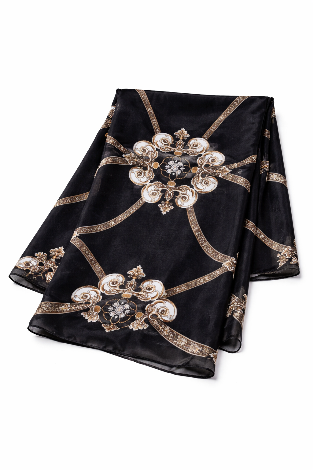 Tea Leaf Black Rectangular Chiffon Scarf with Gold Rope Detailing