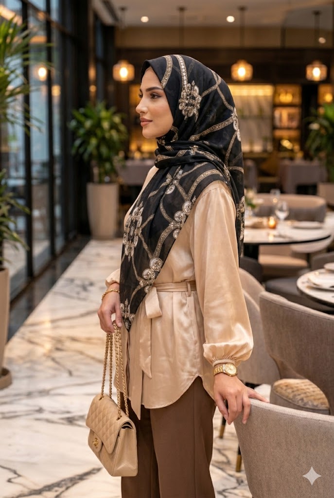 Tea Leaf Black Rectangular Chiffon Scarf with Gold Rope Detailing