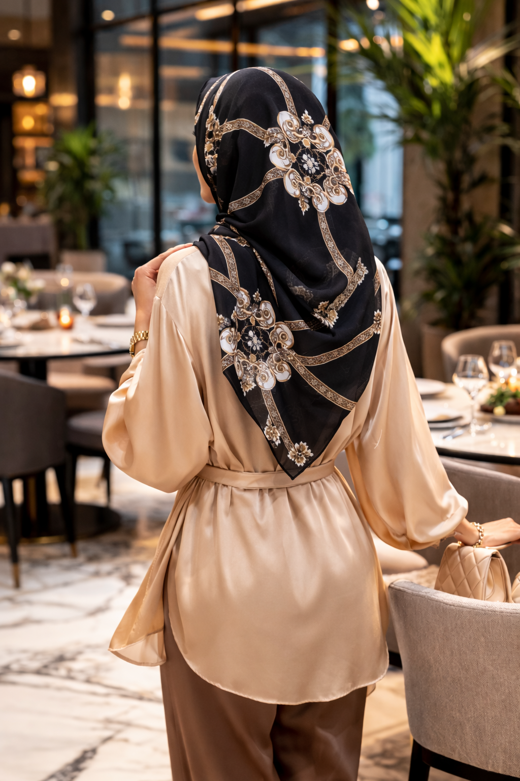 Tea Leaf Black Rectangular Chiffon Scarf with Gold Rope Detailing
